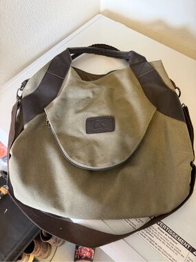 Unbranded Olive Green Canvas and Brown Leather Trim Shoulder Bag